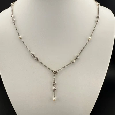 Sterling Silver Necklace With Cubic Zirconia & Pearl Dangle Accents - Image 1 of 4