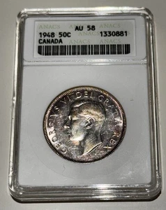 Canada 1948 50 Cent Graded ANACS AU-58 .800 Silver King George VI Rare Key Date - Picture 1 of 2