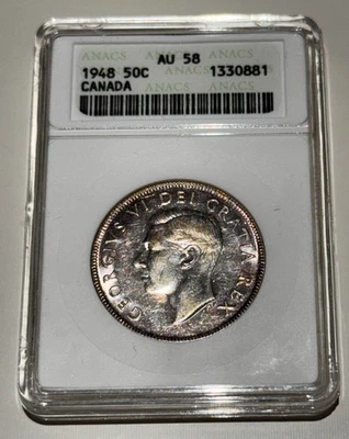 Canada 1948 50 Cent Graded ANACS AU-58 .800 Silver King George VI Rare Key Date - Image 1 of 2