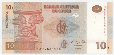 Congo Dem. Rep. 10 Francs 3-6-2003 Pick 93A UNC Uncirculated Banknote HdM - Image 1 of 3