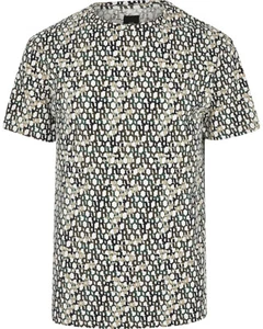 River Island Ecru RI Monogram Slim Fit Short Sleeve T-Shirt - Picture 1 of 1