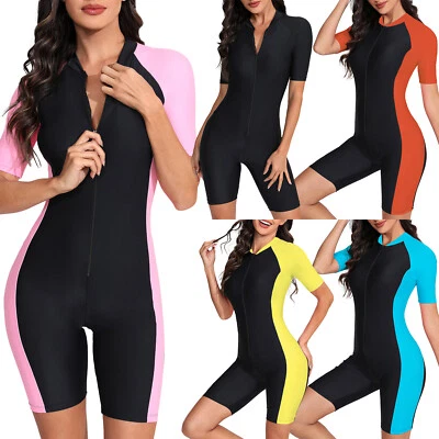 DE Damen Badeanzug mit Bein Kurzarm Reißverschluss Kurz Surfanzug Schwimmanzug - Bild 1 von 4