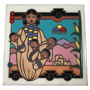 Masterworks Ceramic Tile Trivet Indian Woman Babies Corn Maiden Colorful 6" x 6" - Picture 1 of 4