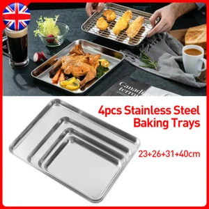 4 Oven Tray Set 40 x 30cm Large Roasting Pan Baking Bakeware Kitchen Steel Sheet - Picture 1 of 9