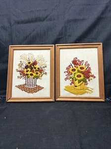 Pair Retro 1970s Vintage Crewel Needlework Pic Embroidery Framed Sunflowers D46 - Picture 1 of 6