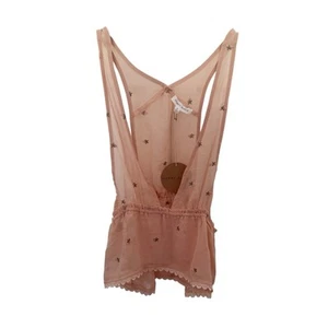 Neu mit Etikett Honey Punch Tanktop hellrosa durchsichtig tief V Blumen bestickt Schößchen Small - Bild 1 von 8