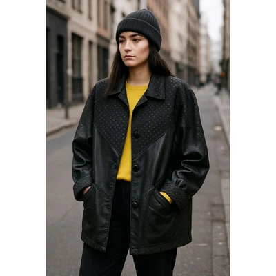 Vtg Donna Pelle Embossed Leather Overcoat Women's 1X Retro 80s Goth Streetwear - Image 1 of 4