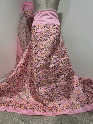 Pink Gold Multi Sequins Embroidery Dupioni Fabrics 44” Width Sold By The Yard - Image 1 of 4