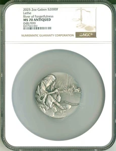 2025 Gabon S2000F 2 Oz Lethe River Of Forgetfulness 48/999 NGC MS70 Antiqued OGP - Picture 1 of 9