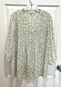 Top tunica donna ROSE & OLIVE 2x floreale panna blu verde manica 3/4 pintuck boho - Foto 1 di 8