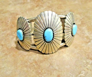 DRAMATIC !!!  WIDE Vintage Navajo Sterling Silver Turquoise CONCHO Bracelet - Picture 1 of 13