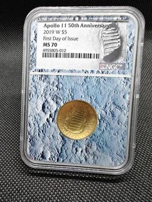 NGC MS 70 2019 W APOLLO 11 50th Anniv $5 Quarter 1/4 Oz Gold MOON LANDING Coin - Image 1 of 4