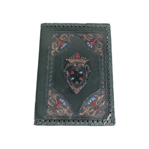 Antiker geprägter Leder Bibel/Bucheinband handbesetzt Schild Wappen Horn grün - Bild 1 von 8