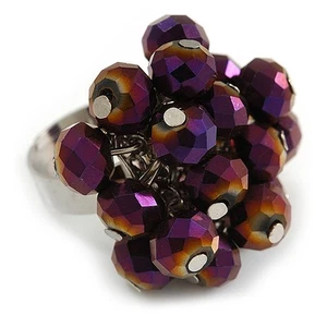 Glass Beaded Cluster Ring in Silver Tone/ Chameleon Purple/ Size 7/8/ Adjustable - Picture 1 of 4