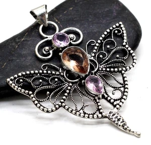 925 Sterling Silver Morganite Gemstone Jewelry Butterfly Pendant S-2.10" - Picture 1 of 7