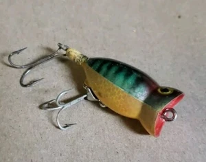 Vintage Hula Popper Fishing Lure Green/Yellow/Black Stripes And Scale Pattern - Picture 1 of 6
