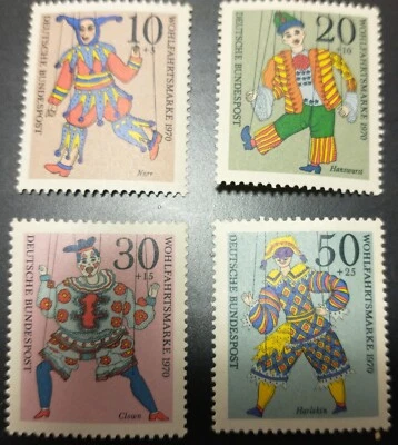 Lot "AB" Set of 4 1970 WOHLFAHRTSMARKE German Puppet stamps MINT never hinged   - Image 1 of 4