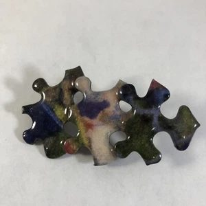 Puzzle Piece Brooch Blue Green Enamel Pin Handmade Jewelry Landscape Image - Picture 1 of 11