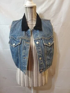 Be Bop Vtg Blue Denim Vest Velvet Black Collar Bling Cropped Size Large Women - Picture 1 of 10