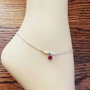 1Ct Round Cut Lab Created Ruby Peral Women's Chain Anklet 14K Yellow Gold Plated - Picture 1 of 7
