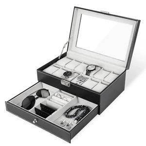 12 Slots Watch Box for Men Leather Velvet Material with Storage Drawer - Picture 1 of 12
