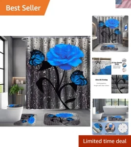 4PC Floral Bathroom Set, Shower Curtain, Rugs, Toilet Lid Cover, Hooks - Picture 1 of 7