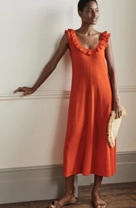 Boden Frill Neck Linen Mix Knitted Midi Dress Orange 14 BNWT - Picture 1 of 6