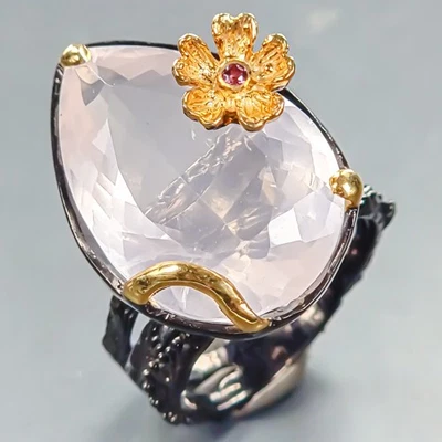 Anillo de cuarzo rosa natural hecho a mano de 30 quilates + plata de ley 925 tamaño 8,5 / R439862 Foto 1 de 4