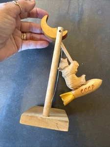 Vintage USSR Russian Bear Moon Rocket Space Race Wood Pull Toy Cold War Souvenir - Picture 1 of 3