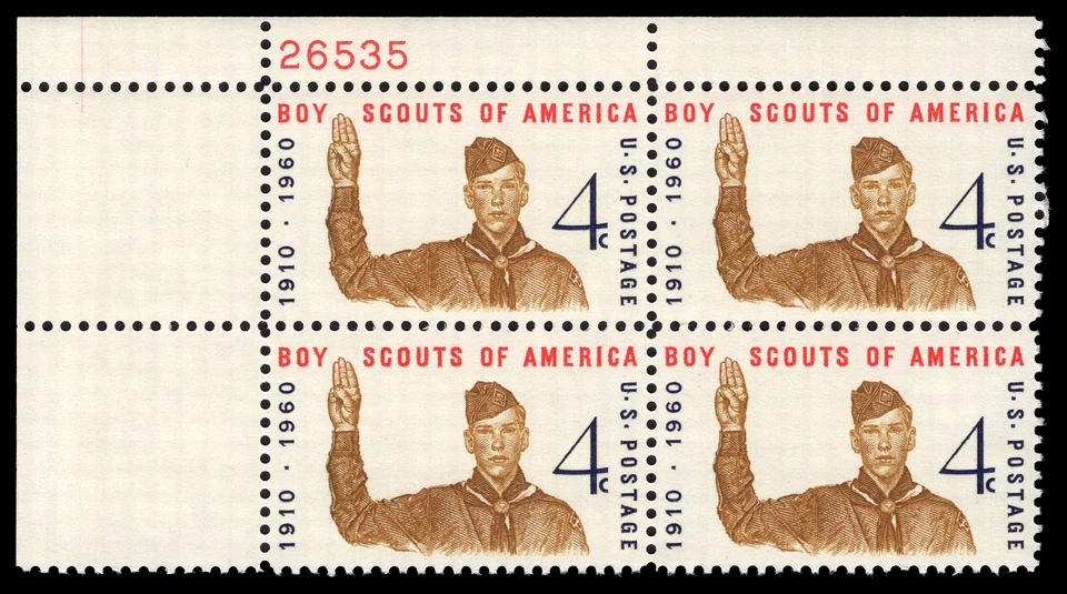US Scott # 1145, Boy Scouts of America, Plate Block of (4) 1960 4¢ Stamps, MNH - Image 1 of 1