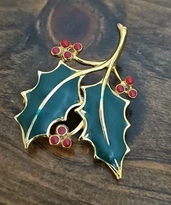 Broche prendedor vintage Beatrix vacaciones de Navidad acebo esmalte estrás dorado - Imagen 1 de 4