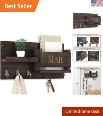 Handmade Rustic Mail Organizer with 7 Hooks & Handy Shelf - Easy Installation - Image 1 of 4