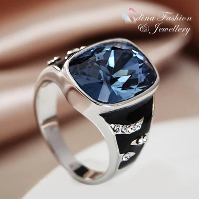 18K White Gold GP Made With Swarovski Crystal Classical Baguette Cut Men`s Ring Foto 1 de 4