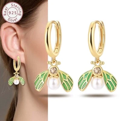 KUNSIR 925 SterlingSilver Green Bee Drop Earrings Dangle Hoop Earrings For Women - Image 1 of 4