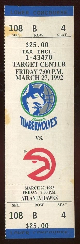 Ticket Basketball Minnesota Timberwolves 1991 - 92 3/27 Atlanta Hawks - Image 1 of 1