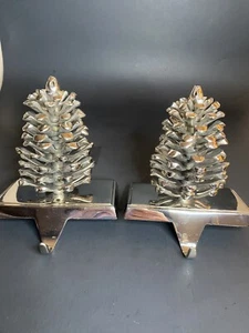 Two Vintage Silver Tone Pinecone Stocking Holder Heavy Duty Silver Christmas - Picture 1 of 3