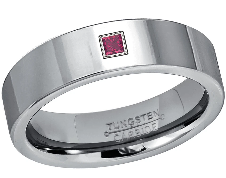 Anillo de boda de tungsteno pulido de 6 mm de rubí corte princesa 0,05 ctw #020 Foto 1 de 2