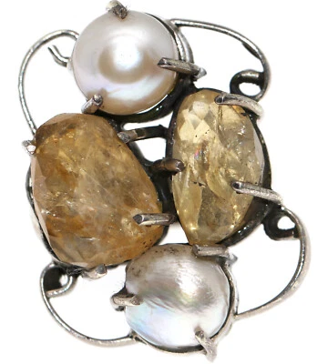 anello argento 925 riccioli gemme citrino naturale perle acqua dolce etnico 16 - Immagine 1 di 4