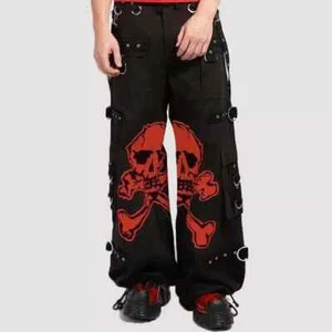 Unisex Gótico Cadenas X Correa Pantalón Rojo Calavera Estampado Tripp Pantalones Pierna Ancha - Imagen 1 de 4