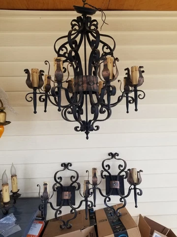Vintage Wrought Iron Chandelier Matching Sconces Cover
