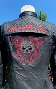 Harley Davidson Women SCROLL Willie G Skull Leather Jacket 1W Black Red - Picture 1 of 10