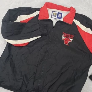 Vintage 90's Chicago Bulls Windbreaker Bomber Jacket Men's L Black Red NBA Lined - Picture 1 of 12