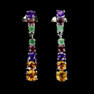 925 Sterling Silver Earrings Round Citrine Amethyst Emerald Gemstone Jewelry - Picture 1 of 13