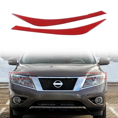 Red Soft Carbon Headlight Upper Eyebrow Sticker Trim For Nissan Pathfinder 13-18 - Image 1 of 4