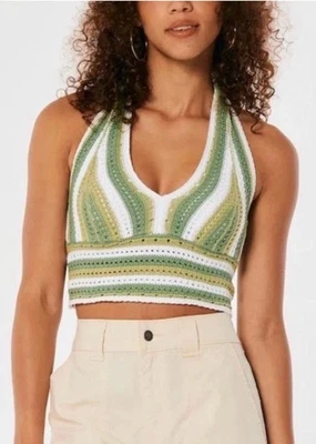 Top corto Hollister Crochet Halter verde blanco tejido a rayas Y2K Boho Festival XS Foto 1 de 4
