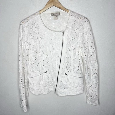 Chaqueta Lucky Brand Blanca Ojales Cremallera Frontal Bolsillos Cottagecore Mujer’s Grande Moto Foto 1 de 4