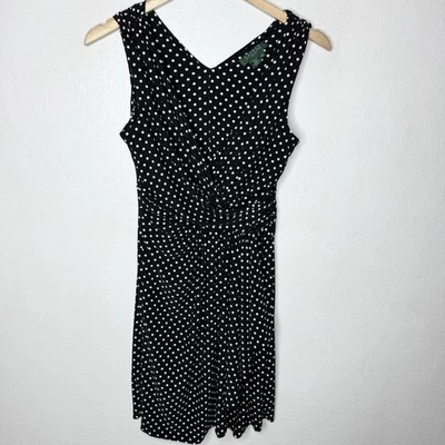 Lauren Ralph Lauren Black White Polka Dot V-neck Dress Women’s 8P Sleeveless - Image 1 of 4
