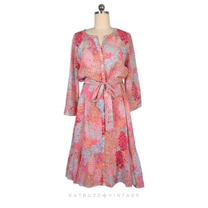Talbots Midi Shirt Dress 14 Pink Floral Preppy Ruffle Orange Work Church Easter - Picture 1 of 13