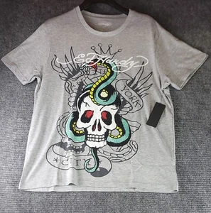 Ed Hardy Skull Snake Graphic Mens Size L T-shirt Rhinestone Tattoo Art Gray - Picture 1 of 17