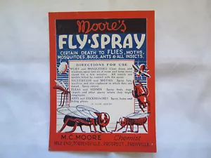 MOORE'S FLY-SPRAY FLYS MOTHS MOSSIES BUGS ANTS MC MOORE CHEMIST STH AUST LABEL - Picture 1 of 2